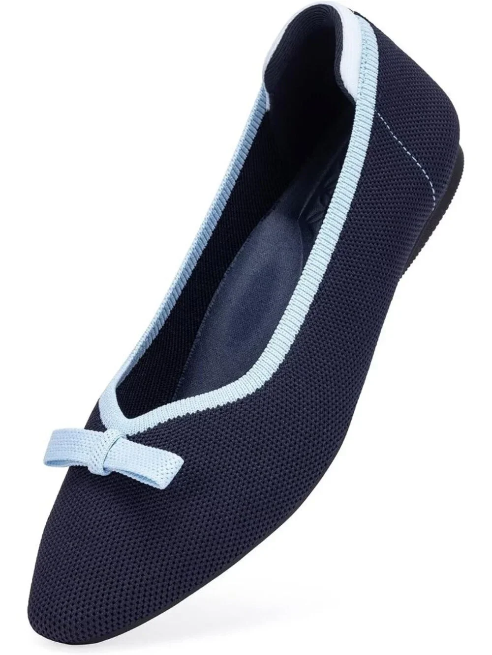 Frank Mully Women's Navy Blue Rubber Knit Squared Toe Bow Slip On Ballet Flats